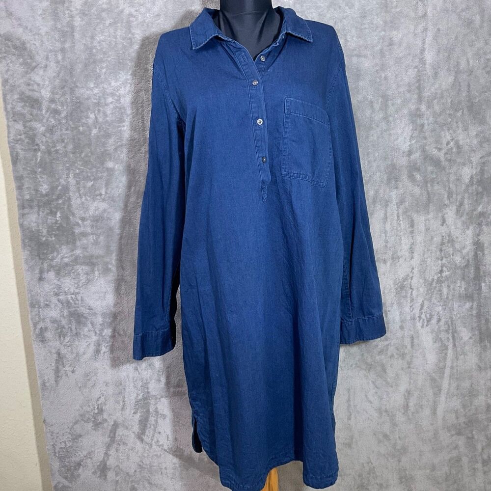 Old Navy Women Dress L Indigo Blue Chambray Shirt Collared Front long Sleeve